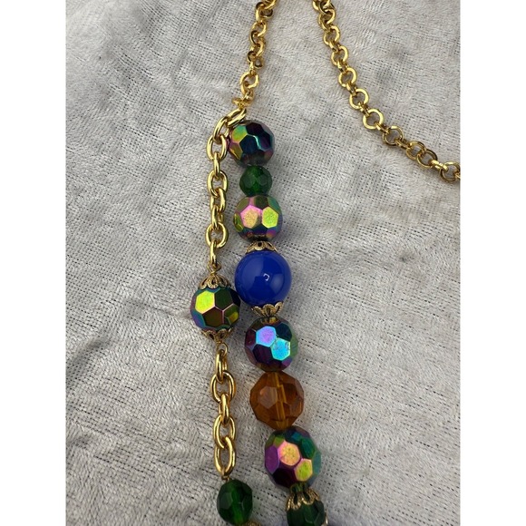 Layered Beaded Necklace Blue AB Gold Tone 26" - Picture 3 of 9